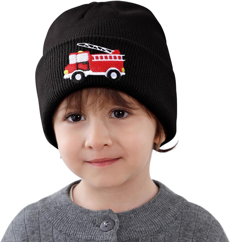 KDVOG Store Kids Knit Beanie Cute Fire Trucks Embroidery Warm Cuffed Skull Caps Classic Autumn Winter Hats for Boys Girls 3-8 Years - Image 5